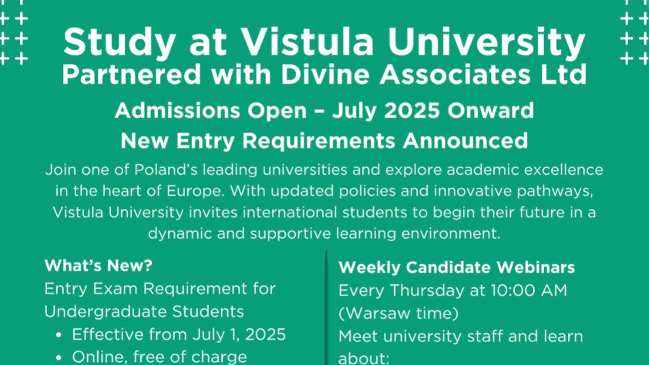 Dream Big, Study at Vistula University – Apply Now via Divine Associates Ltd