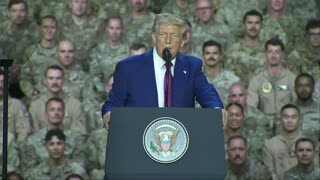 President Donald Trump speaks to troops at Al Udeid Air Base in Qatar - May 15, 2025