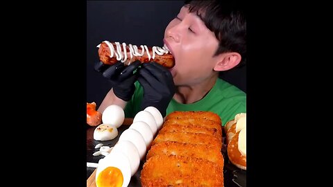 American breakfast, butter pancakes, hash browns, soft-boiled eggs, whole smoked pork belly