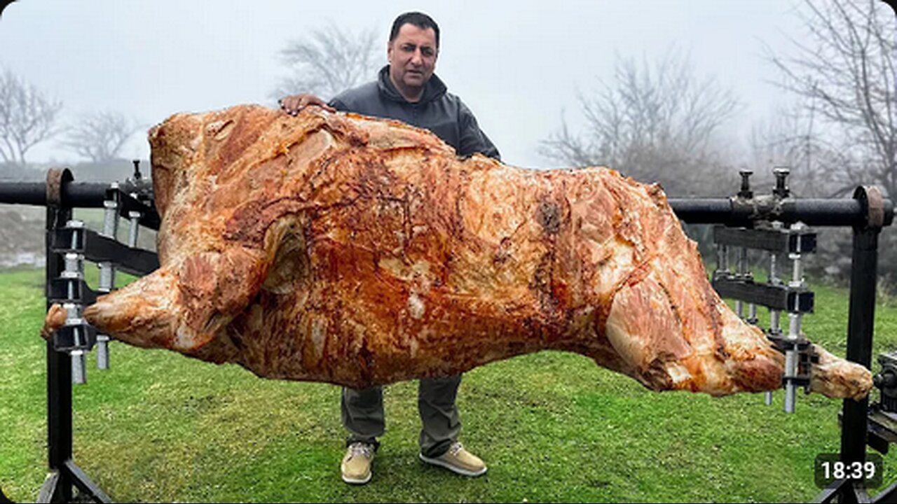 Roasting a Huge Bull on a Steel Spit! The Best Meat I've Tasted