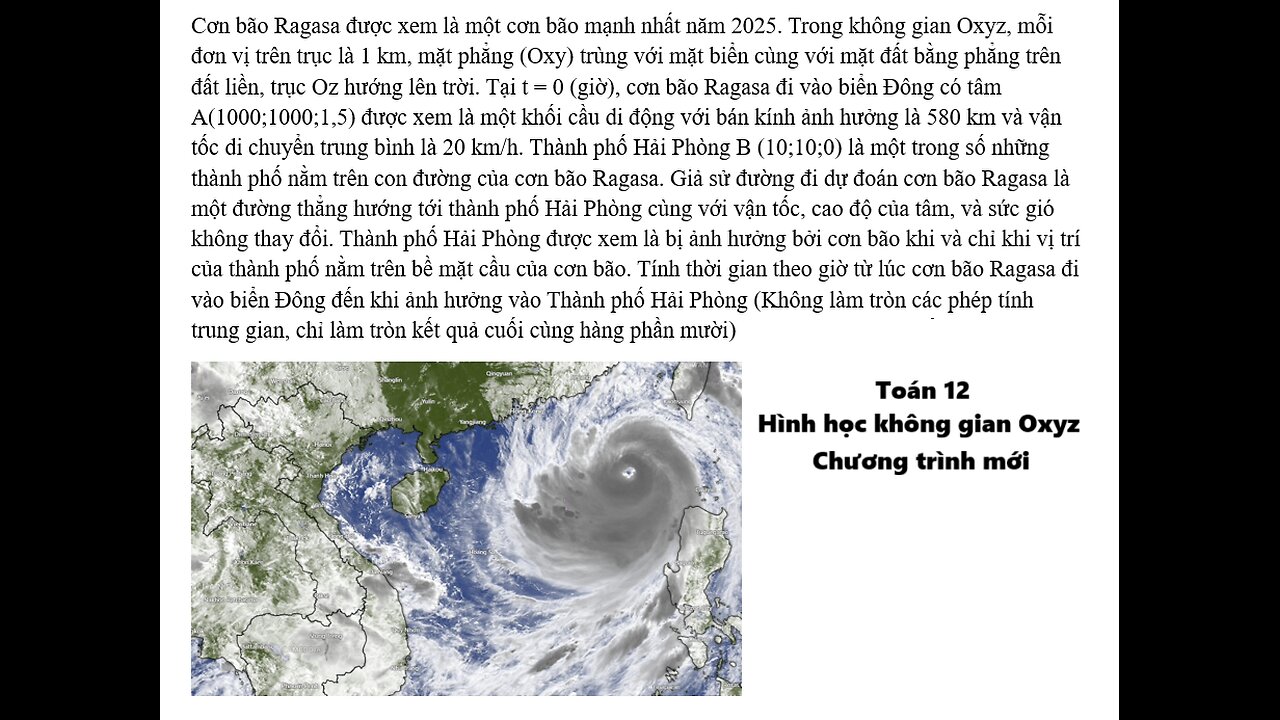 Toán 12: Hình học Oxyz: Cơn bão Ragasa được xem là một cơn bão mạnh nhất năm 2025.
