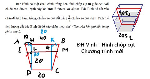Bác Bình có một chậu cảnh trồng hoa hình chóp cụt tứ giác đều với chiều
