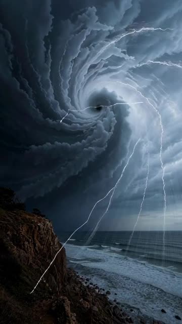a brutal hurricane off the coastal cliff . The clouds are formed into tubular formations