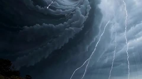 a brutal hurricane off the coastal cliff . The clouds are formed into tubular formations