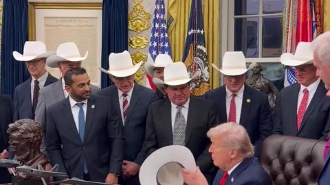 President Trump is gifted a cowboy hat from the Miracle on Ice Olympic Gold Medal team