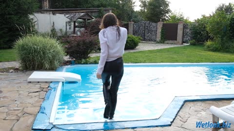 Pool Wetlook in White Blouse and Black Leggings | Outdoor Soaked Outfit