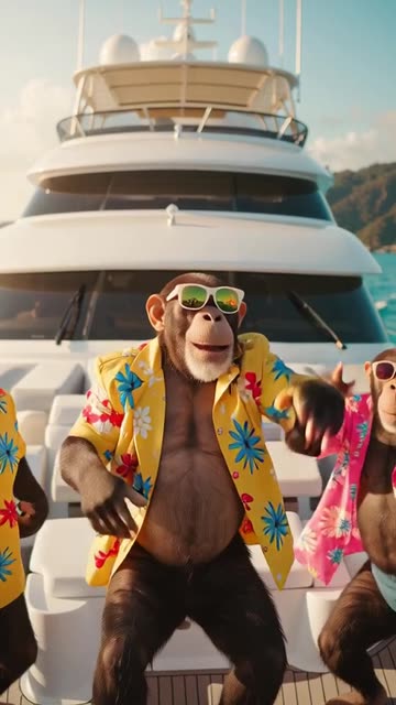 A group of five chimpanzees, all wearing brightly colored,