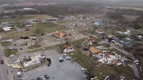 Aerial footage of the tornado damage in Cave City, Arkansas.