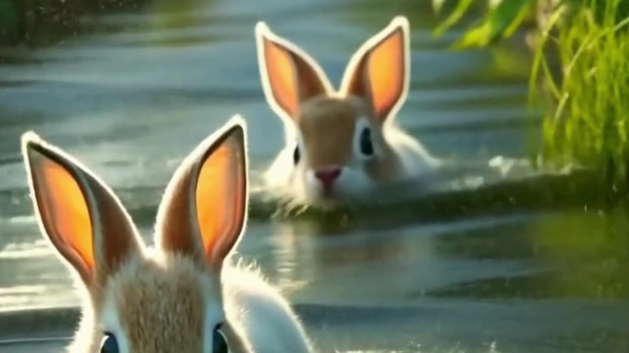 A rabbits having fun in the river