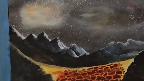 Volcano caldera under a night sky