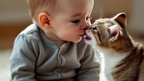 A cute baby, and a kitten