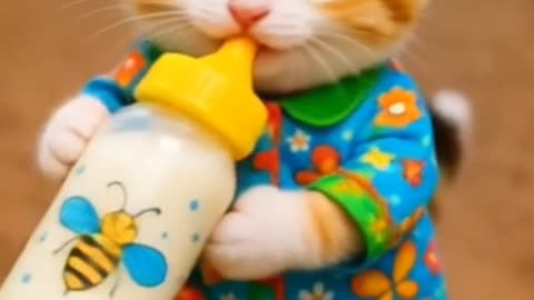 Cutest Kitten Drinking Milk from a Bottle 🍼 | Adorable Baby Cat in Colorful Outfit!