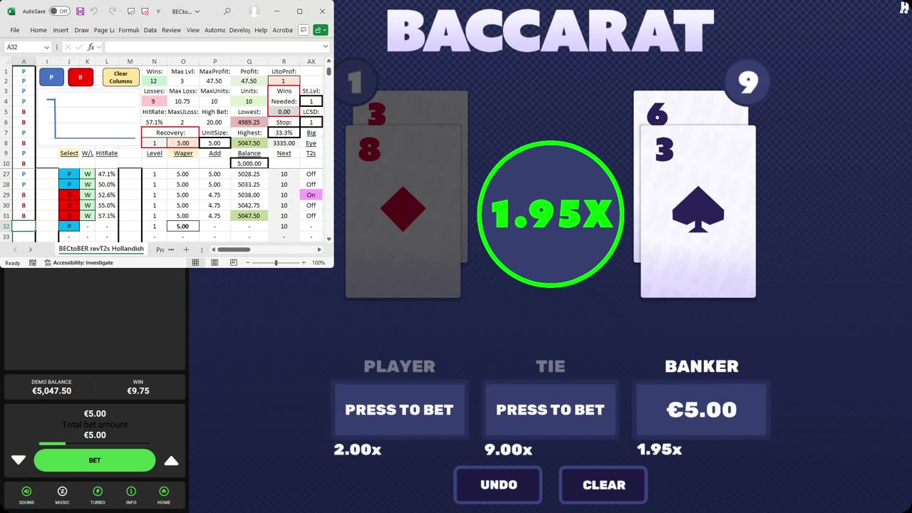 Baccarat - 50 units in 18 minutes, 55.7% HR, 2 unit drawdown, to level 4, Hollandish with LCS prog