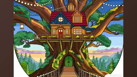 Charming Treehouse Retreat Amidst Lush Forest Scenery and Vibrant Sunset