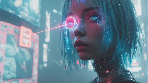 futuristic girl luminous hair in a megacity