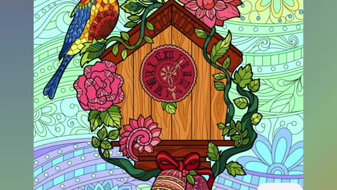 Colorful Illustration of a Bird, Cuckoo Clock, and Floral Decorations