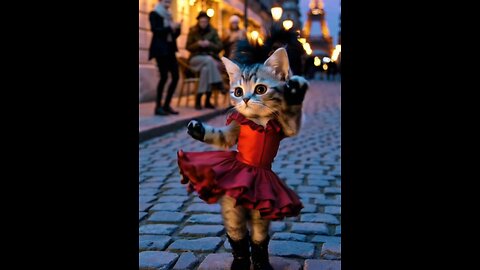 An Extremely Cute Tabby Cat Performing A French Can-Can Dance