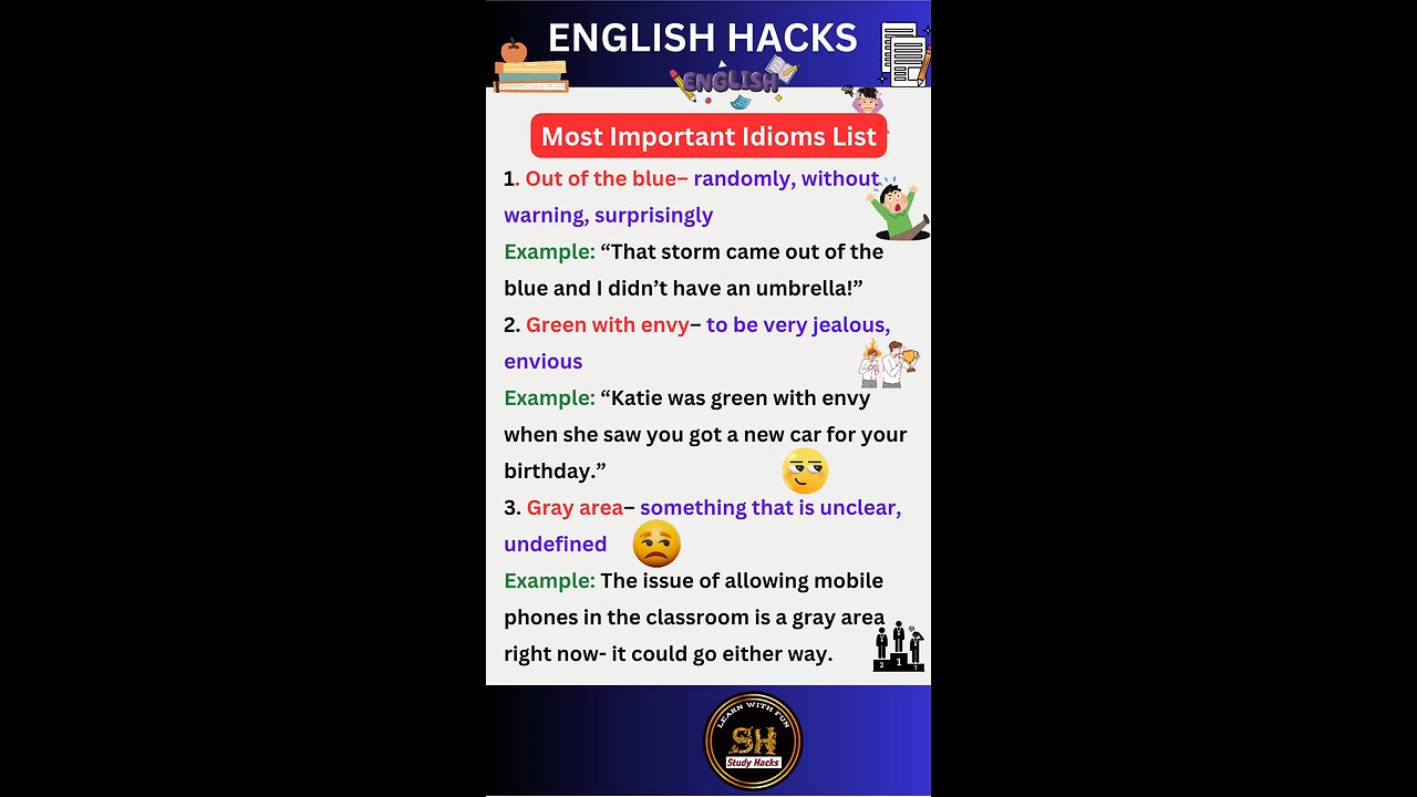 Most important Idioms list you need to know 02 #studyhacks123 #english #idioms #shorts