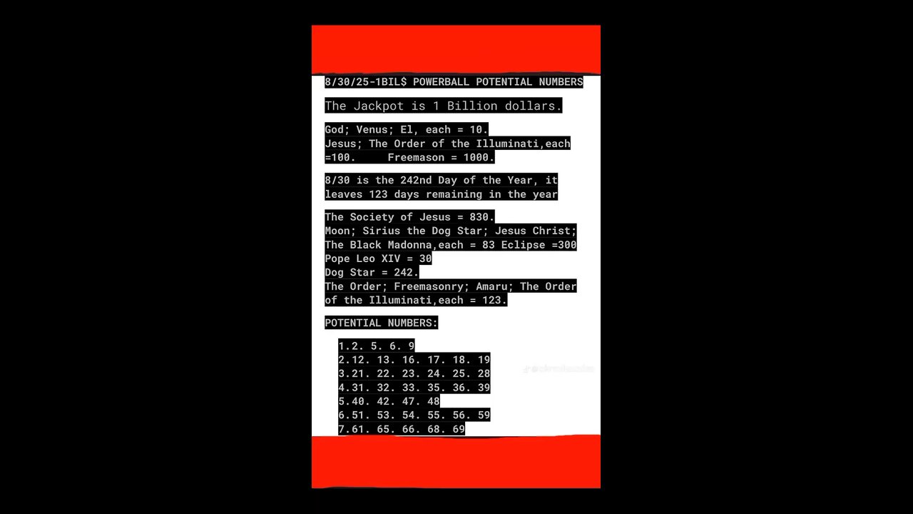 8/30/25 Powerball Decode/Potential Numbers. See Description.