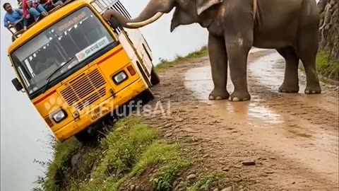 Elephant saves bus from falling