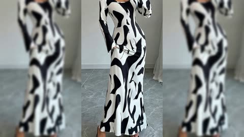 Abstract Print Long Sleeve Maxi Dress