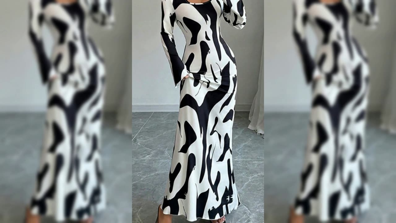 Abstract Print Long Sleeve Maxi Dress