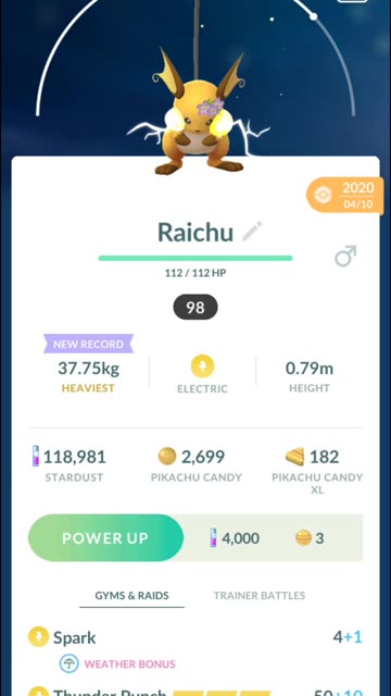 Pokemon Go Evolution - 98% iV Flower Crown Pikachu ➡️ Raichu