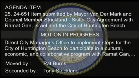 Huntington Beach CA 'adopts Israeli cities'.