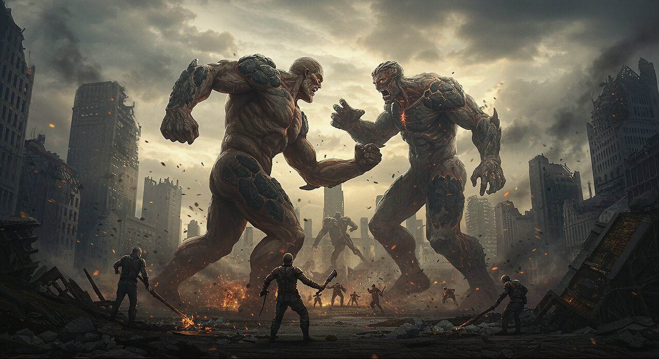 Colossal Titans Clash! Epic Fantasy Battle in a Devastated City