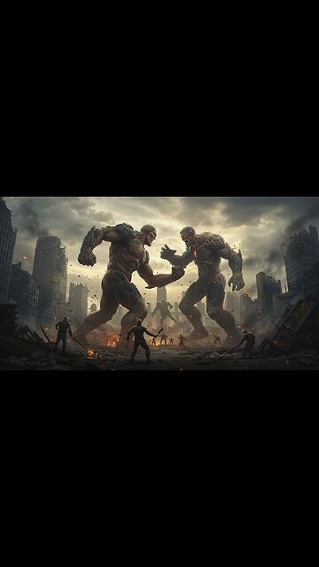 Colossal Titans Clash! Epic Fantasy Battle in a Devastated City