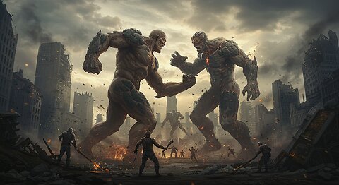 Colossal Titans Clash! Epic Fantasy Battle in a Devastated City