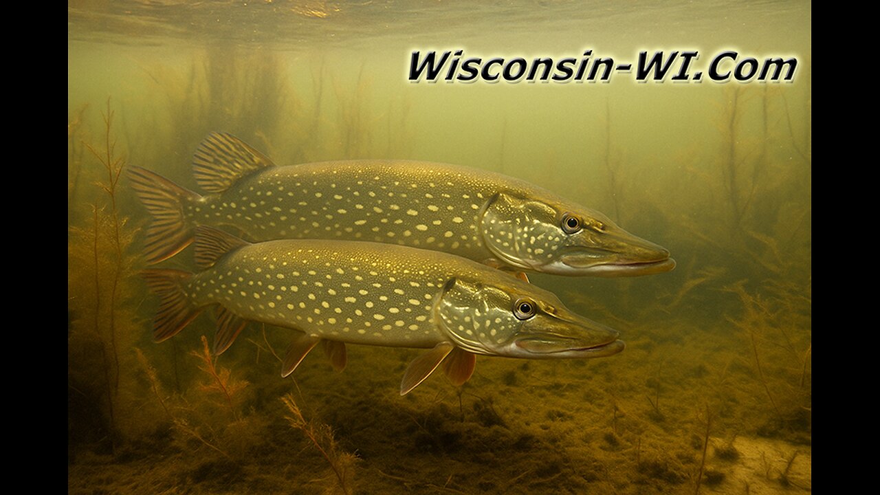 Northern Pike Swimming under Ice over a Weed Bed with Panfish in Wisconsin