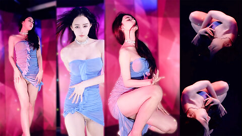 Captivating dancer in a blue slit strapless bodycon, long fair legs and heels, alluring moves