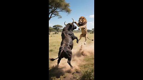 Fight between lion and wild buffalo