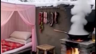 Snowy mountain cave resort.