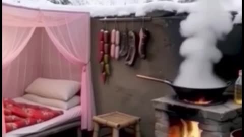 Snowy mountain cave resort.