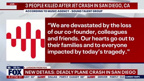 San Diego plane crash: At least 3 people killed, according to music talent agency