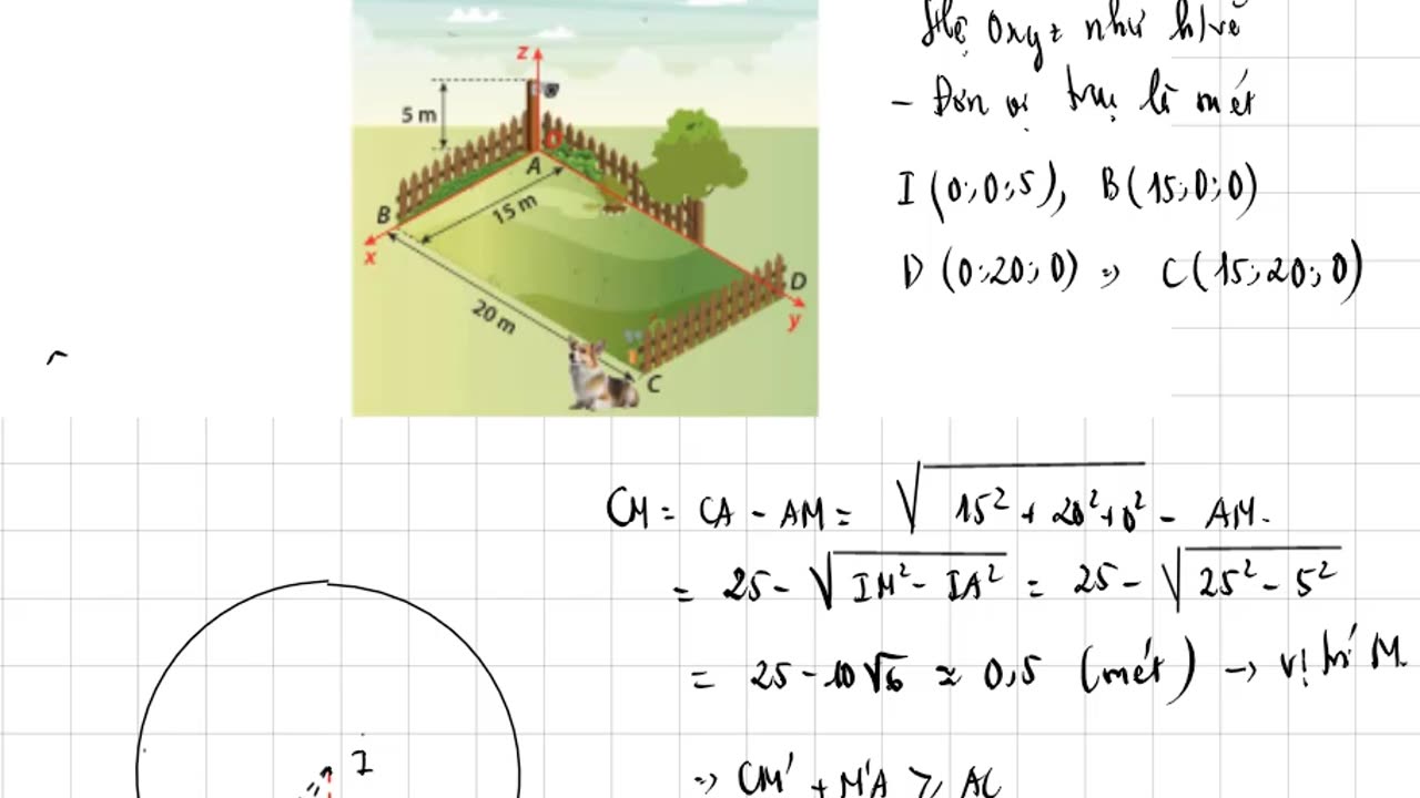Một sân vườn hình chữ nhật ABCD có chiều dài AD=20m, chiều rộng AB=15m. Người ta đặt một camera..