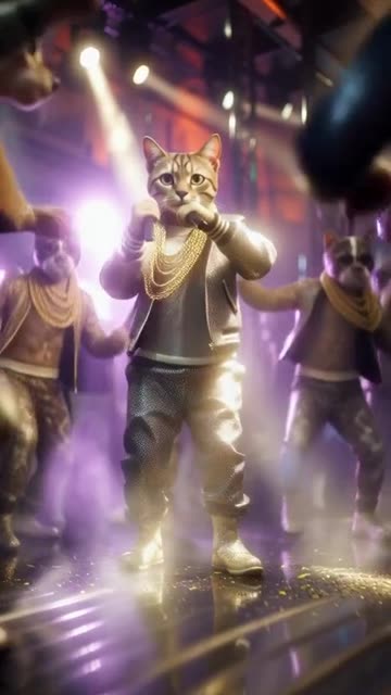 Cat in a glittery outfit with gold chain, leading a dance crew of cats