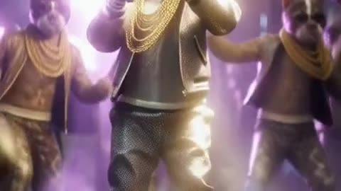 Cat in a glittery outfit with gold chain, leading a dance crew of cats