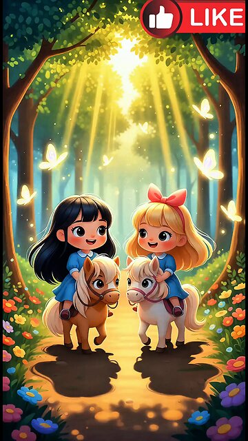 Beautiful cute babies are riding a small horse and exploring the forest. AI generate cartoon video