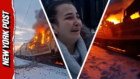 Harrowing video shows Ukrainian train cars engulfed in flames after Russian drone attack