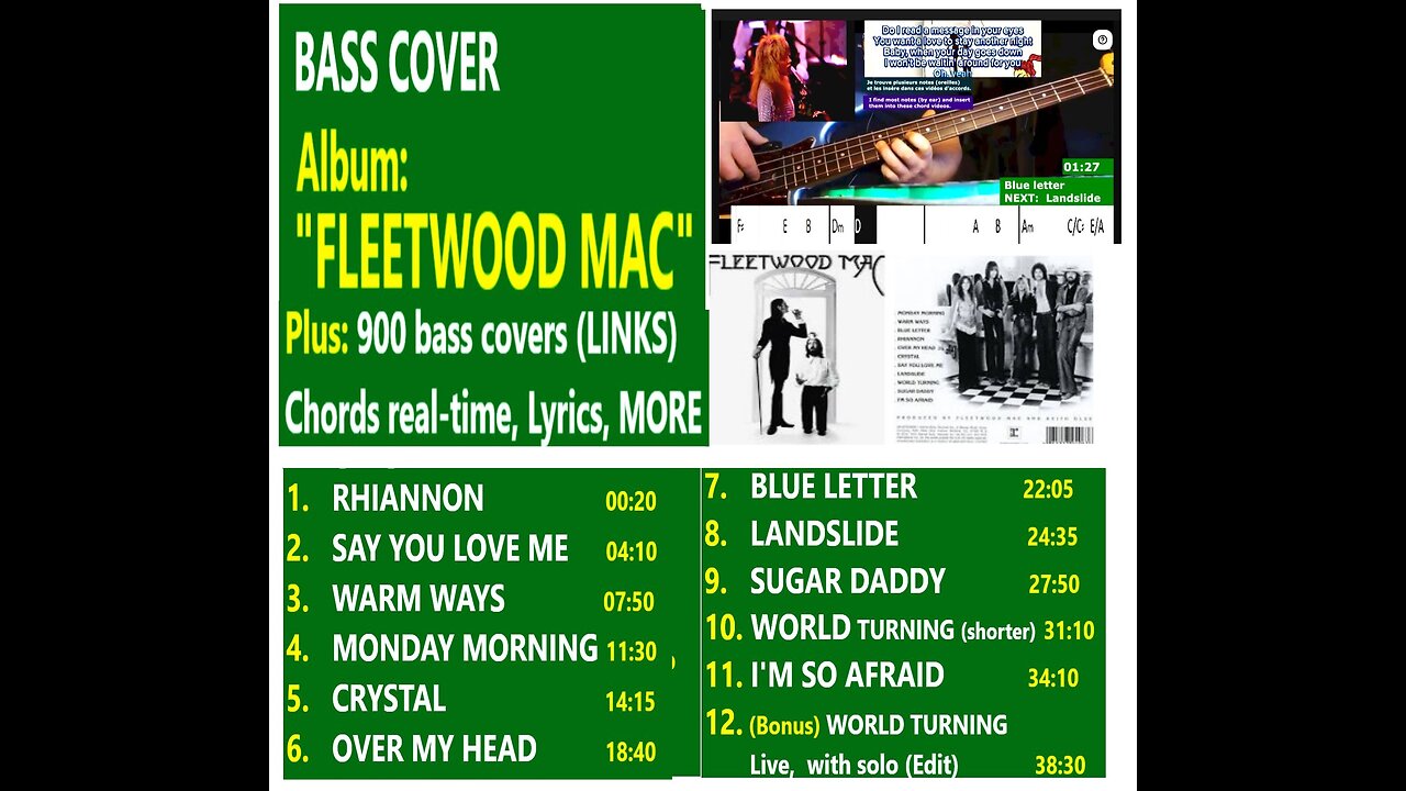 Bass cover "FLEETWOOD MAC" (album '75) Plus 900 bass covers (LINKS) _ Chords real-time, Lyrics, MORE