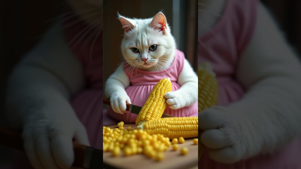 Mama cat harvests corn and makes delicious butter popcorn with her kitten!