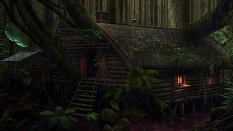 Wooden House in the Rainy Forest⛈️ | Warm Fireplace | Nighttime Rainfall Sounds| soft rain sound