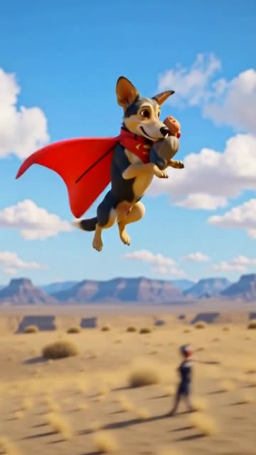 3D computer-generated cartoon animation of a super dog