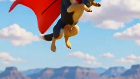 3D computer-generated cartoon animation of a super dog
