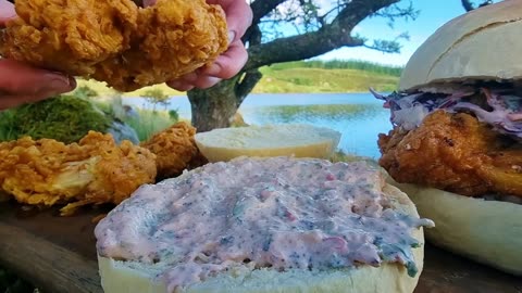 Crispy Chicken Burger cooked in the WILD!🔥 ASMR cooking in the forest
