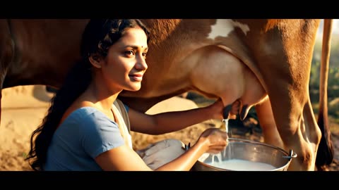 the woman is milking cow