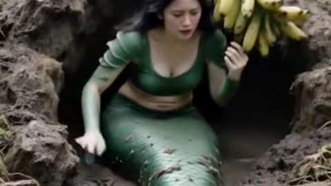 Funny mermaids goes into the mud